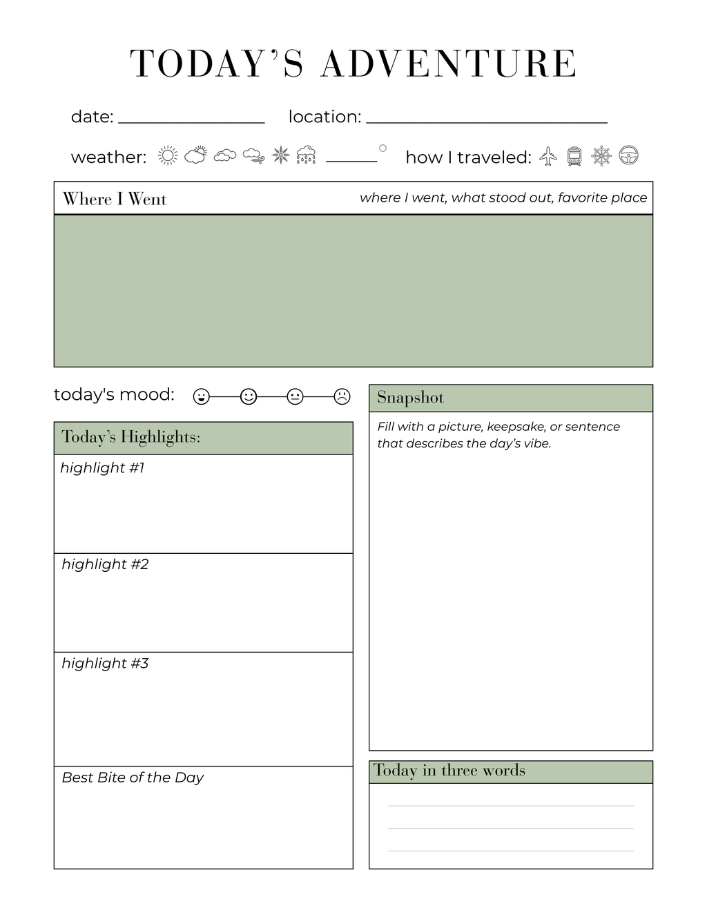 TODAY'S ADVENTURE: a PRINTABLE travel memory journal
