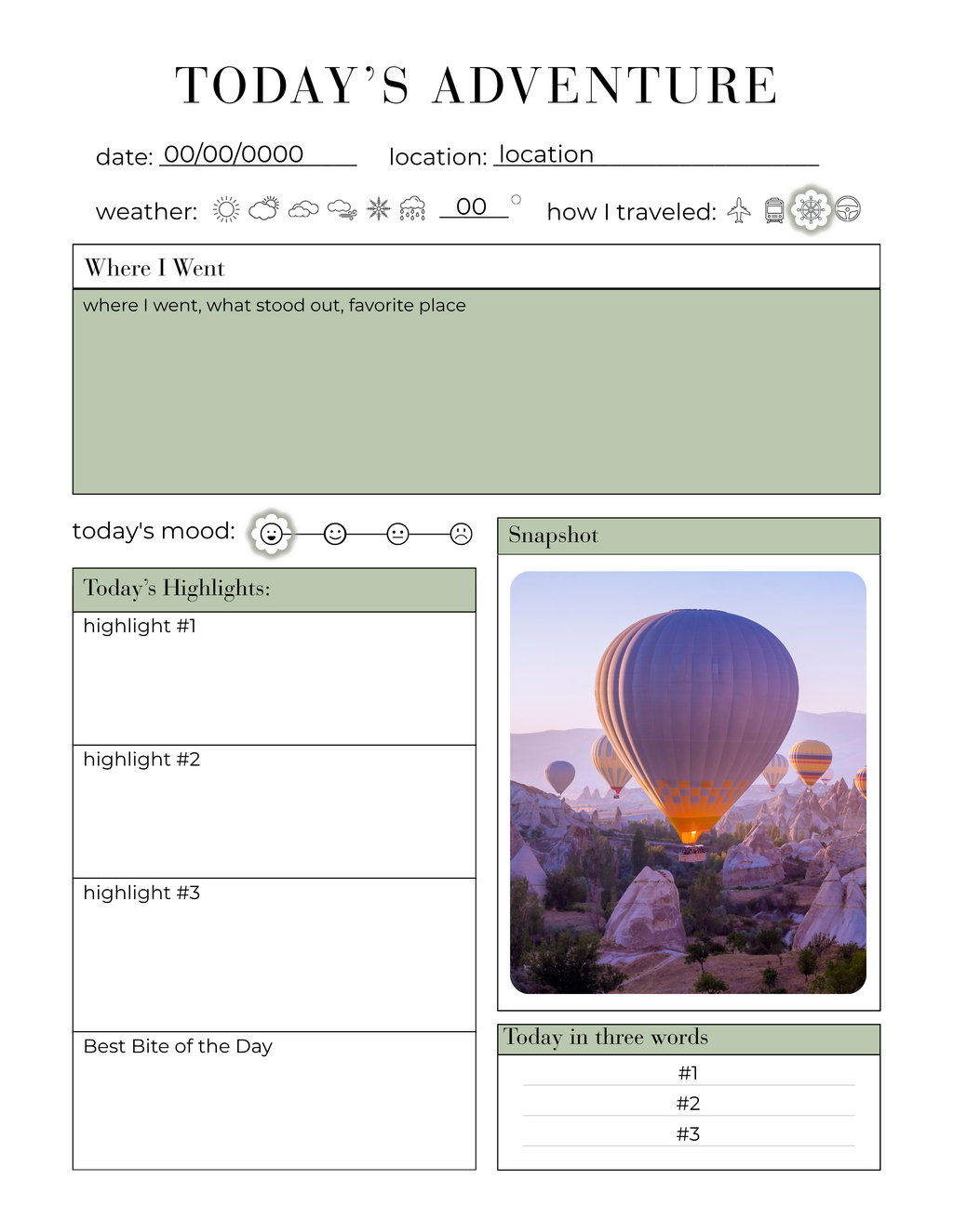 TODAY’S ADVENTURE: Editable Digital Travel Journal (Canva Template)