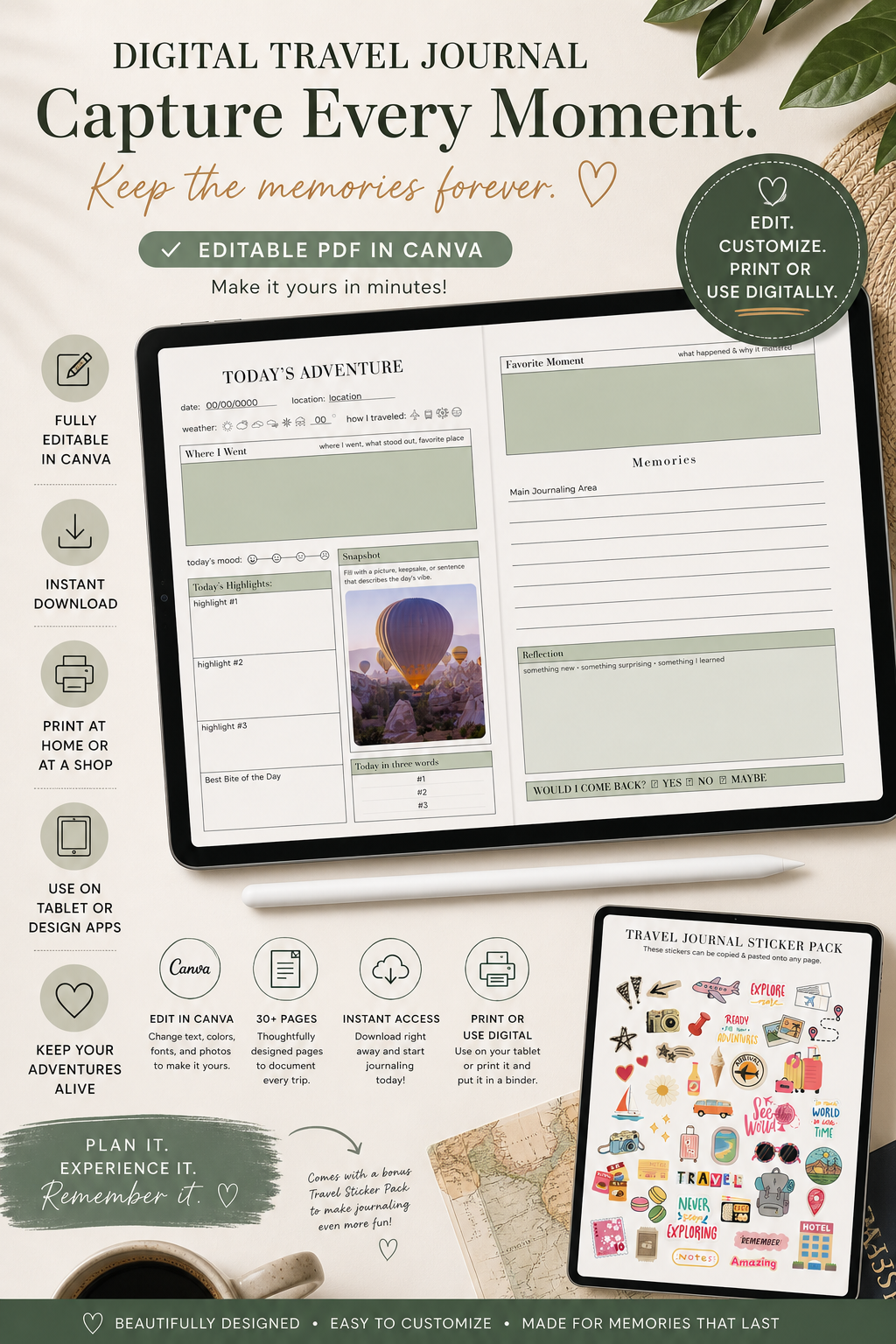 TODAY’S ADVENTURE: Editable Digital Travel Journal (Canva Template)