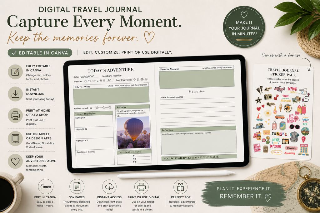 TODAY’S ADVENTURE: Editable Digital Travel Journal (Canva Template)