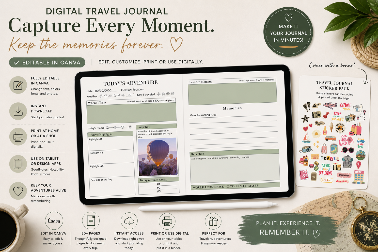 TODAY’S ADVENTURE: Editable Digital Travel Journal (Canva Template)